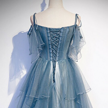 Blue Tulle Spagehtti Straps Beading Prom..