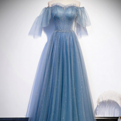 Blue Tulle Sequins Off The Shoulder Beading Pleats..