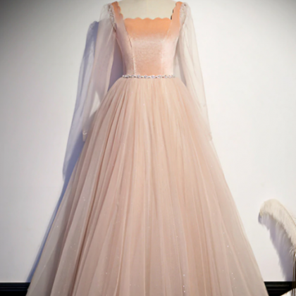 Champagne Pink Tulle Square Long Sleeve Prom..