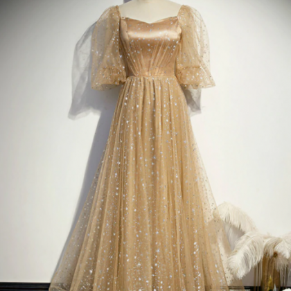 Champagne Tulle Embroidery Puff Sleeve Prom..