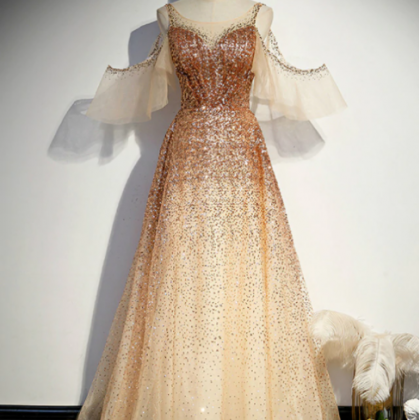 Champagne Gold Sequins Flying Sleeve Prom..