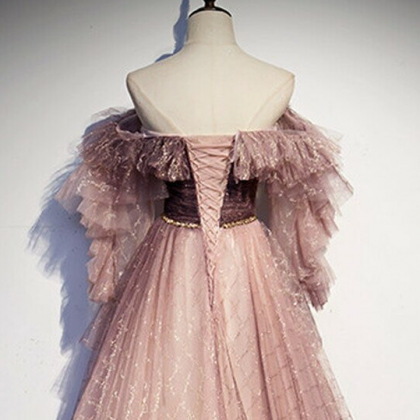 Pink Tulle Sequins Off The Shoulder Long Sleeve..