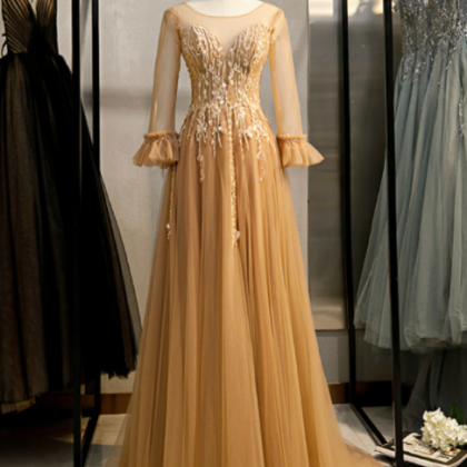 Gold Tulle Long Sleeve Backless Beading Prom..