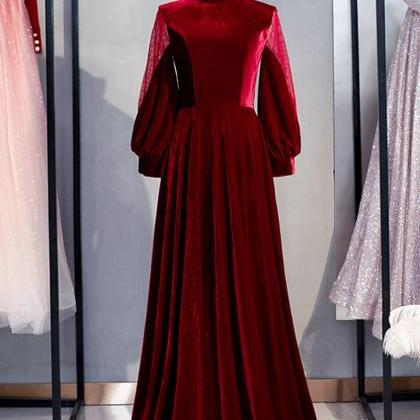 Burgundy Velvet Long Sleeve High Neck Prom Dress,pl1136 on Luulla