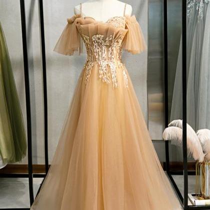 Champagne Tulle Spaghetti Straps Beading Prom..
