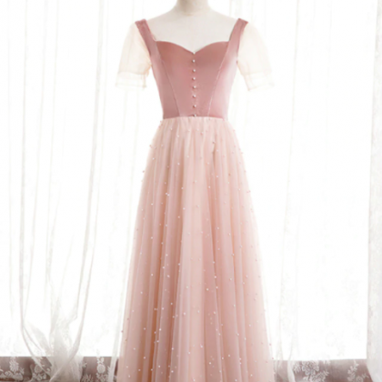 Pink Tulle Velvet Short Sleeve Square Pearls Prom..