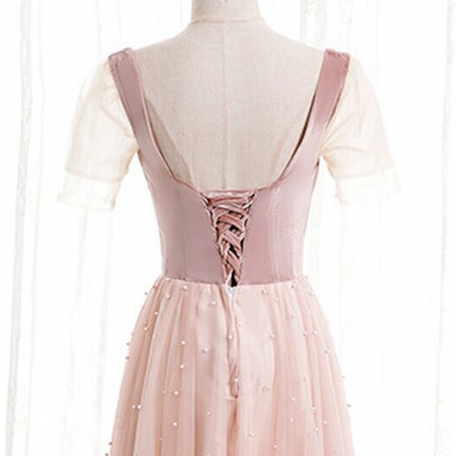 Pink Tulle Velvet Short Sleeve Square Pearls Prom..