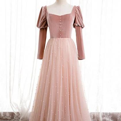 Pink Tulle Velvet Long Sleeve Square Pearls Prom..