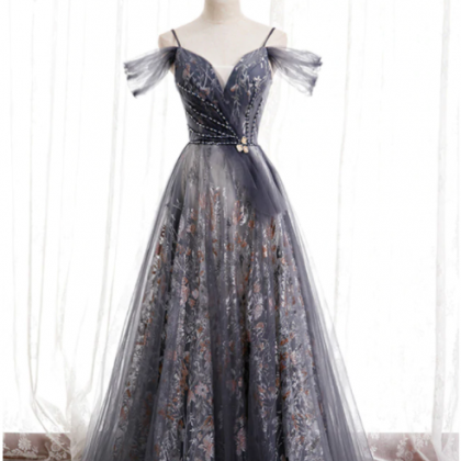 A-line Gray Tulle Sequins Spaghetti Straps Prom..