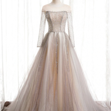 Champagne Tulle Long Sleeve Beading Prom..