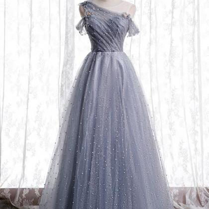 Gray Tulle Sequins Scoop Pearls Formal Prom..