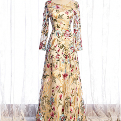 A-line Gold Tulle Embroidery Long Sleeve Prom..