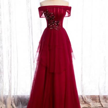 Stylish Burgundy Tulle Off The Shoulder Appliques Beading Prom Dress ...