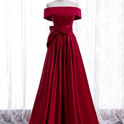 Simple Burgundy Satin Off The Shoulder Bow Prom..