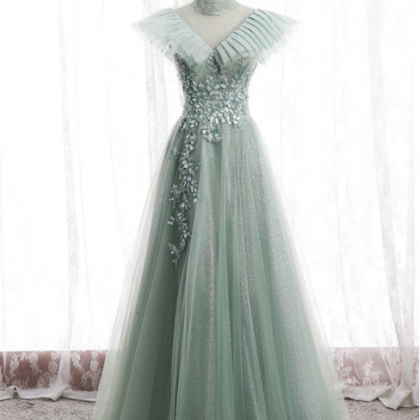 A-line Green Tulle Sequins High Neck Backless..