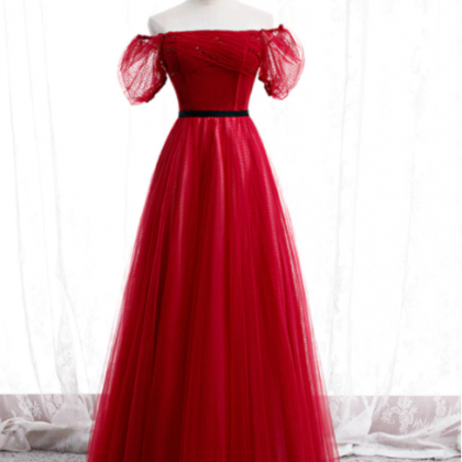 A-line Burgundy Tulle Puff Sleeve Off The Shoulder..