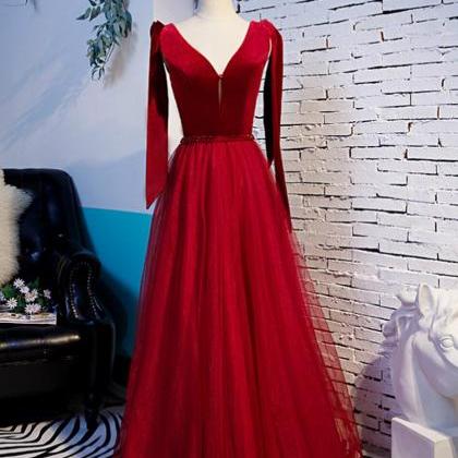 Burgundy Tulle Velvet V-neck Beading Prom Dress..