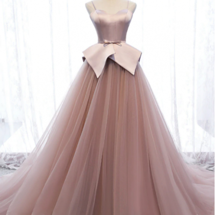 A-line Pink Tulle Satin Spagehtti Straps Prom..