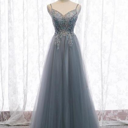 A-line Gray Tulle Spaghetti Straps Sequins Prom..