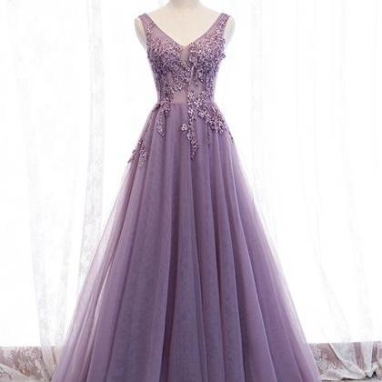 V Neck Purple Beading Appliques Tulle A Line Prom..
