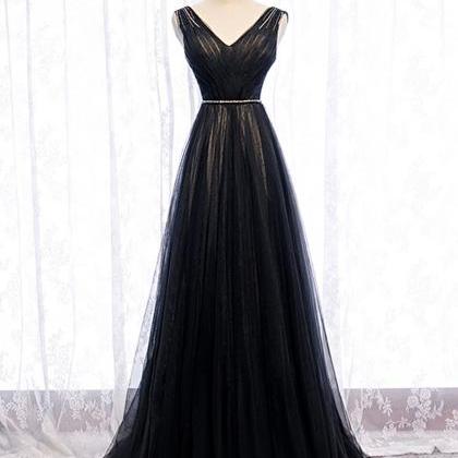 Black Tulle Pleats Appliques Beading Formal Prom Dress