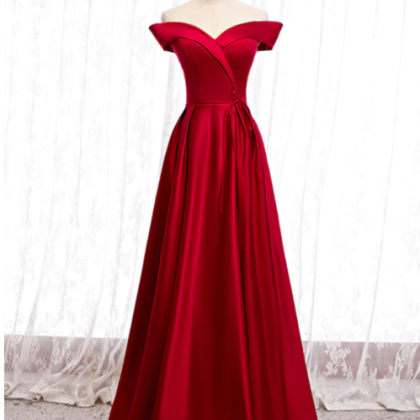 Off The Shoulder Burgundy Satin Button Long Prom..