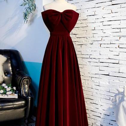 A-line Burgundy Velvet Strapless Long Prom Dress..