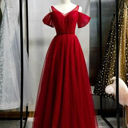 Strapless A Line Long V Neck Tulle Burgundy Sleeveless Floor Length Prom Dresses LBQ0736