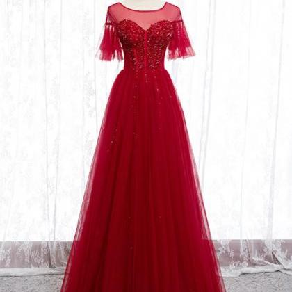 A-line Burgundy Tulle Beading Sequins Long Prom..