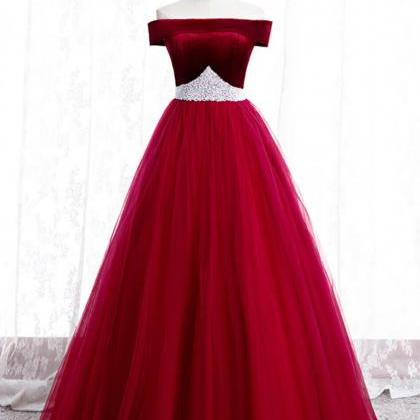 Burgundy Tulle Off The Shoulder Prom Dress With..