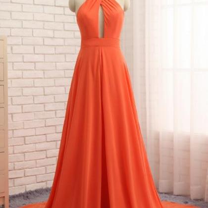 A-line Orange Chiffon Halter Cut Out Backless Prom..
