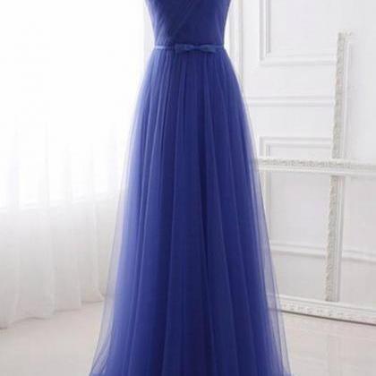 Blue Tulle Strapless Long Simple Prom Dress With..