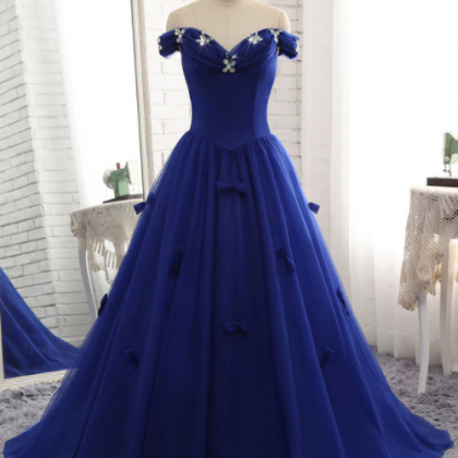 Royal Blue Prom Dress Luxury Tulle Beaded Bow..