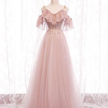 Pink v neck tulle lace long prom dr..