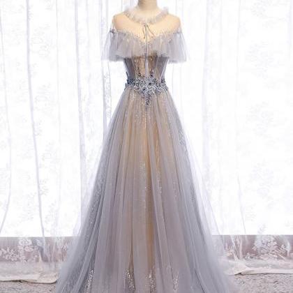 Gray Tulle Lace Long Prom Dress Gray Tulle Formal..