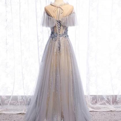 Gray Tulle Lace Long Prom Dress Gray Tulle Formal..