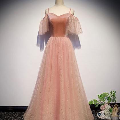 Pink sweetheart tulle long prom dre..