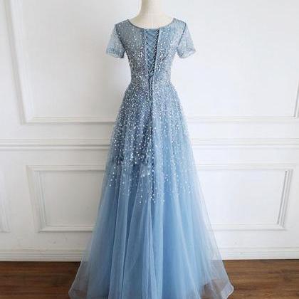 BLUE ROUND NECK TULLE SEQUIN LONG PROM DRESS, BLUE EVENING DRESS gh2206 main image 0