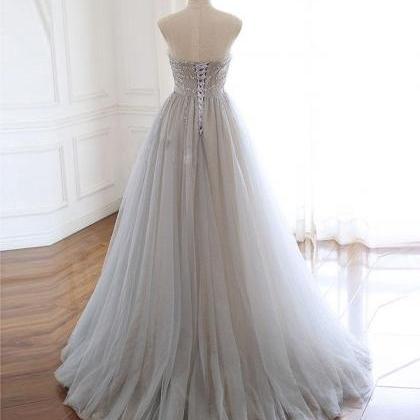 Gray Sweetheart Tulle Beads Long Prom Dress Gray..