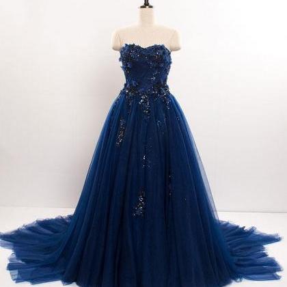 Dark Blue Sweetheart Tulle Lace Long Prom Dress..