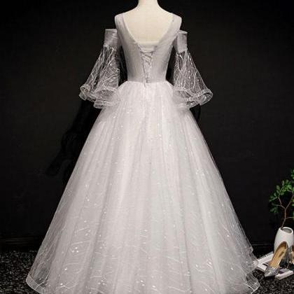 Gray Round Neck Tulle Lace Long Prom Gown Gray..