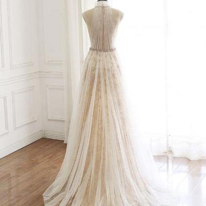 Champagne Tulle Lace Long Prom Dress, Champagne..