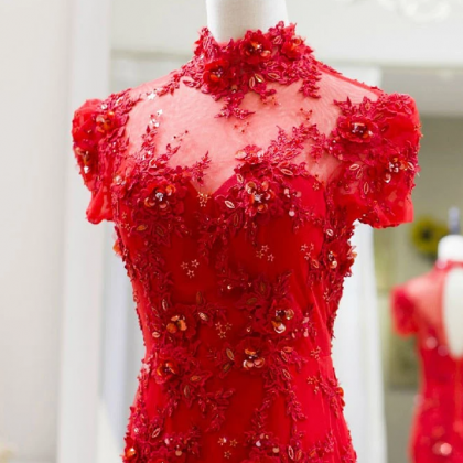 Strapless Red Lace Tulle Prom Dress,Elegant Red Evening Dress Y1731