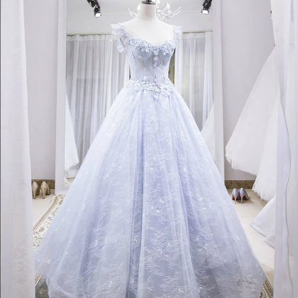 Light Blue Tulle Lace Long Prom Dress, Blue..