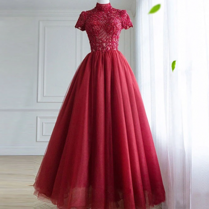 Burgundy Tulle Lace Long Prom Dress, Tulle Lace..