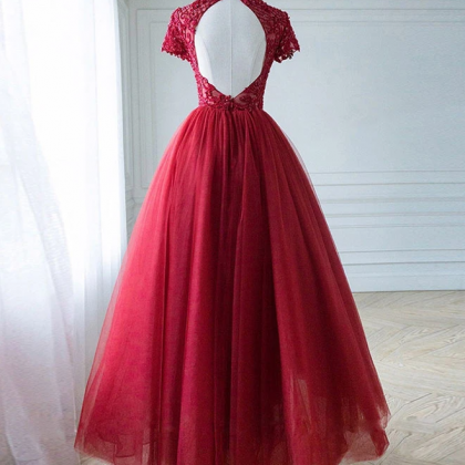 Burgundy Tulle Lace Long Prom Dress, Tulle Lace..