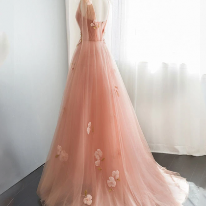 Pink V Neck Tulle Long Prom Dress, Tulle Evening..