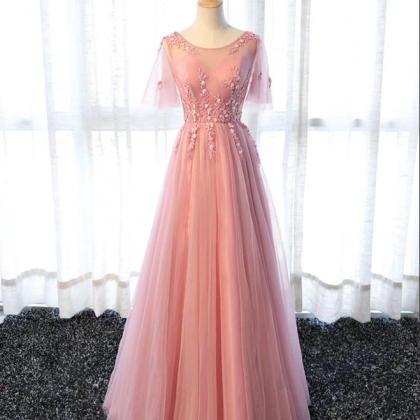 Pink A Line Tulle Lace Long Prom Dress, Lace..