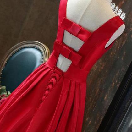 Red A Line Satin Beading Long Prom Dress, Red..