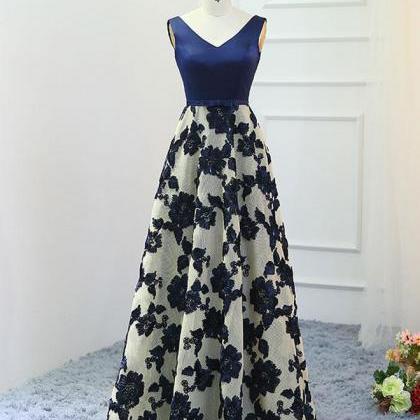 Stylish Dark Blue A-line V Neck Long Prom Dress,..